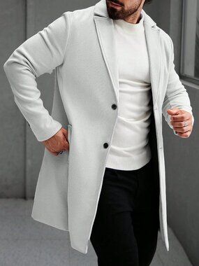 Grey Regular Fit Men's Button Front Lapel Long Sleeve Overcoat